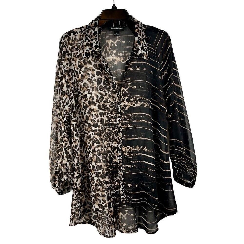 Ronnie Salloway Animal Print Stripes Sheer Long Sleeve Blouse Large